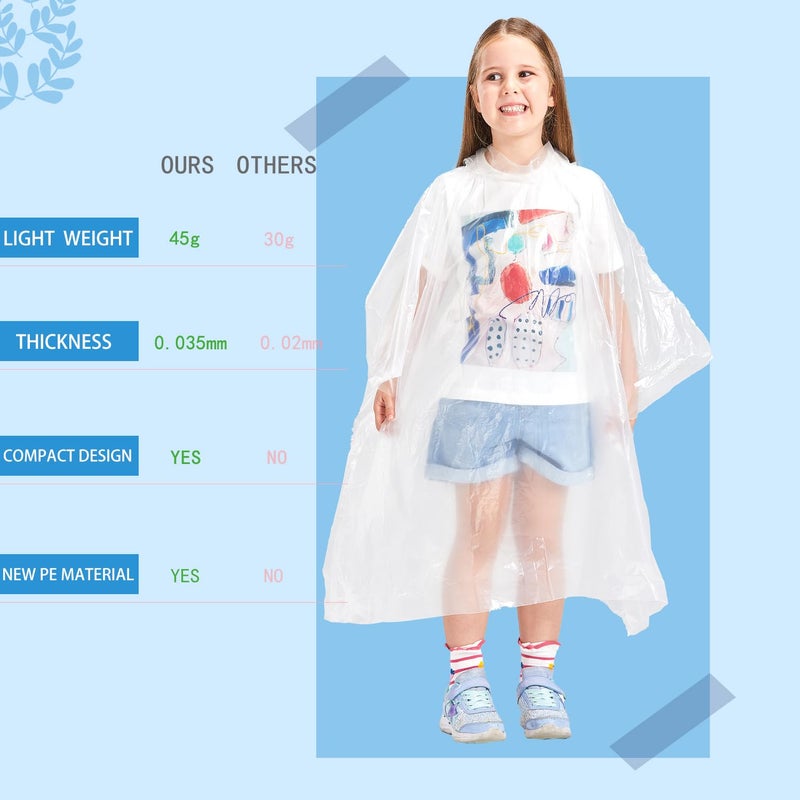 SWOGAA Disposable Rain Ponchos for Kids (6 Pack) -50% Extra Thicker Men or Women Waterproof Emergency Rain Ponchos with Hood - Clear Kids - Image 5